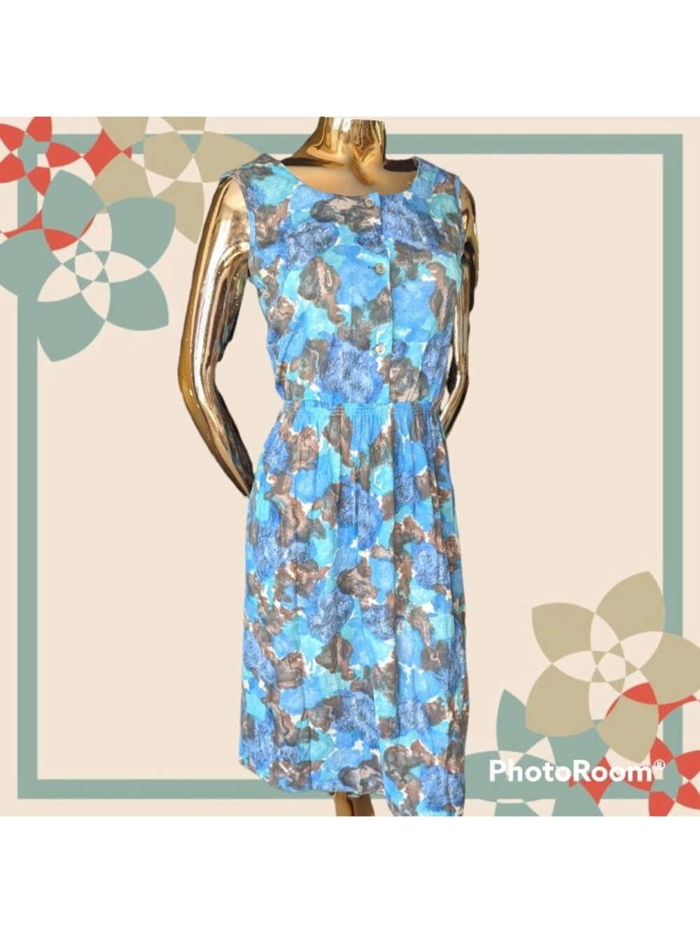 Vintage 50s Blue Brown Button Dress Vintage size 14